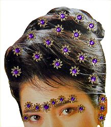 Golden and Purple Color Stone Studded Stick-on Hair, Forehead and Ear Decoration for Brides (Can Be used on Other Parts of the Body)