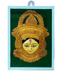 Clay Durga Face Decorated with Paddy - Encased in Glass - Wall Hanging