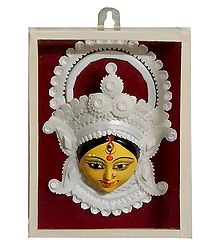 Clay Durga Face Decorated with Sholapith - Encased in Glass - Wall Hanging
