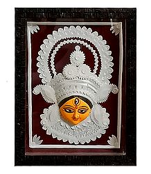 Clay Durga Face Decorated with Sholapith - Encased in Glass - Wall Hanging