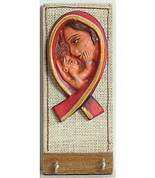 Terracotta Mother and Child on Wood with Two Key Rack Hooks