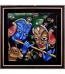 Terracotta Radha Krishna on Wooden Board - Wall Hanging