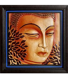 Lord Buddha on Wooden Frame - Terracotta Wall Hanging