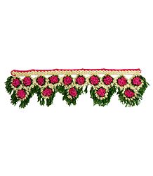 Pink, Green and Off-white Crocheted Woolen Door Toran - (Decorative Door Hanging)
