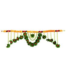 Red, Saffron and Green Cloth Flower Door Toran with Synthetic Jasmine- (Decorative Door Hanging)