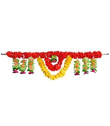 Yellow, Red and Green Cloth Flower Door Toran - Decorative Door Hanging