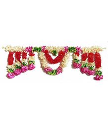 Off-White, Red, Pink and Green Cloth Flower Door Toran - (Decorative Door Hanging)
