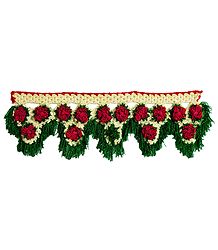 Red, Green and Off-white Crocheted Woolen Door Toran - (Decorative Door Hanging)