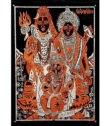 Shiva, Parvati and Ganesha - (Rust and Silver Glitter Painting)