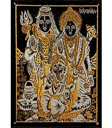 Shiva, Parvati and Ganesha - (Golden and Silver Glitter Painting)