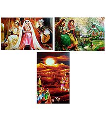 Musicians, Rajasthani People and Ladies in Front of Beautiful House - Set of 3 Posters