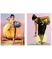 Tribal Girls Carrying Water - Set of 2 Posters