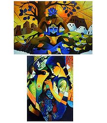 Girl Playing with Ducks and Nature with Man - Set of 2 Posters