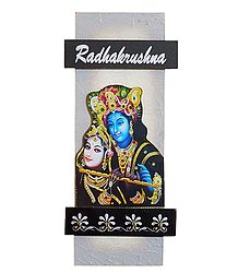 Radha Krishna Picture on Wooden Key Hanger with 4 Hooks - Wall Hanging