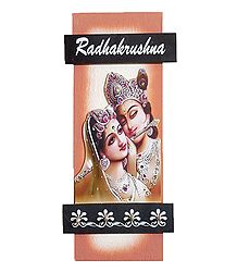 Radha Krishna Picture on Wooden Key Hanger with 4 Hooks - Wall Hanging