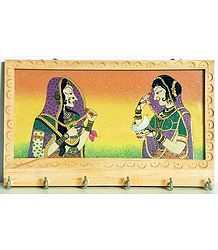 Crushed Real Gemstone Queen and Princess Painting Wooden Key Rack with Six Hooks - Wall Hanging