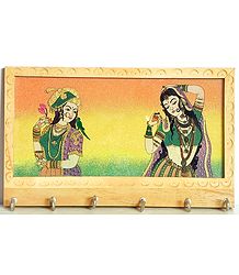 Crushed Real Gemstone Queen and Dancer Painting Wooden Key Rack with Six Hooks - Wall Hanging