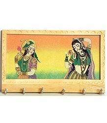 Crushed Real Gemstone Queen and Dancer Painting Wooden Key Rack with Six Hooks - Wall Hanging