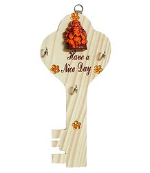 Key Shaped Key Rack with Three Hooks and Terracotta Ganesha - Wall Hanging