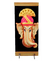 Wooden Key Rack with Two Hooks and Terracotta Ganesha Figurine - Wall Hanging