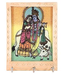 Crushed Real Gemstone Painted Radha Krishna on Wooden Key Rack with Three Hooks - Wall Hanging