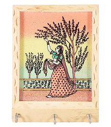 Crushed Real Gemstone Painted Ragini on Wooden Key Rack with Three Hooks - Wall Hanging