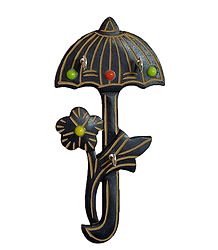 Wood Carved Umbrella with 3 Hooks Key Hanger - Wall Hanging