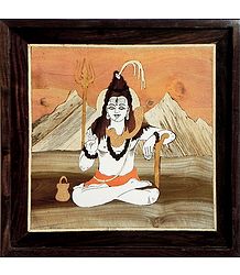 Ascetic God Shiva - Inlaid Wood Wall Hanging
