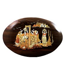Women Near the Village Well - Inlaid Wood Wall Hanging