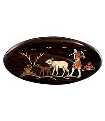 Cowherd with Cow - Inlaid Wood Wall Hanging