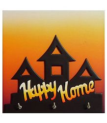 Happy Home on Wooden Key Rack with Three Hooks - Wall Hanging
