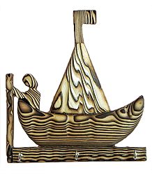 Boat Shaped Wooden Key Rack with Three Hooks - Wall Hanging