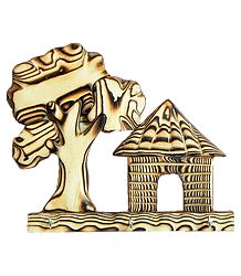 Hut and Tree Shaped Wooden Key Rack with Three Hooks - Wall Hanging