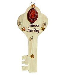 Key Shaped Key Rack with Three Hooks and Terracotta Mother Face - Wall Hanging