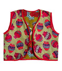 Block Print on Light Yellow Sleeveless Ladies Reversible Waistcoat Jacket