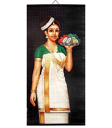 Lady with Puja Thali - Painting on Woven Bamboo Strands - Wall Hanging