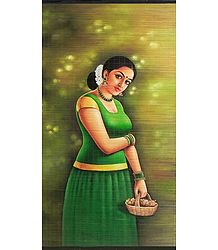 A Malayalee Girl - Painting on Woven Bamboo Strands - Wall Hanging